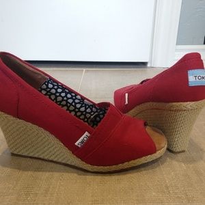Toms Red Canvas Wedges